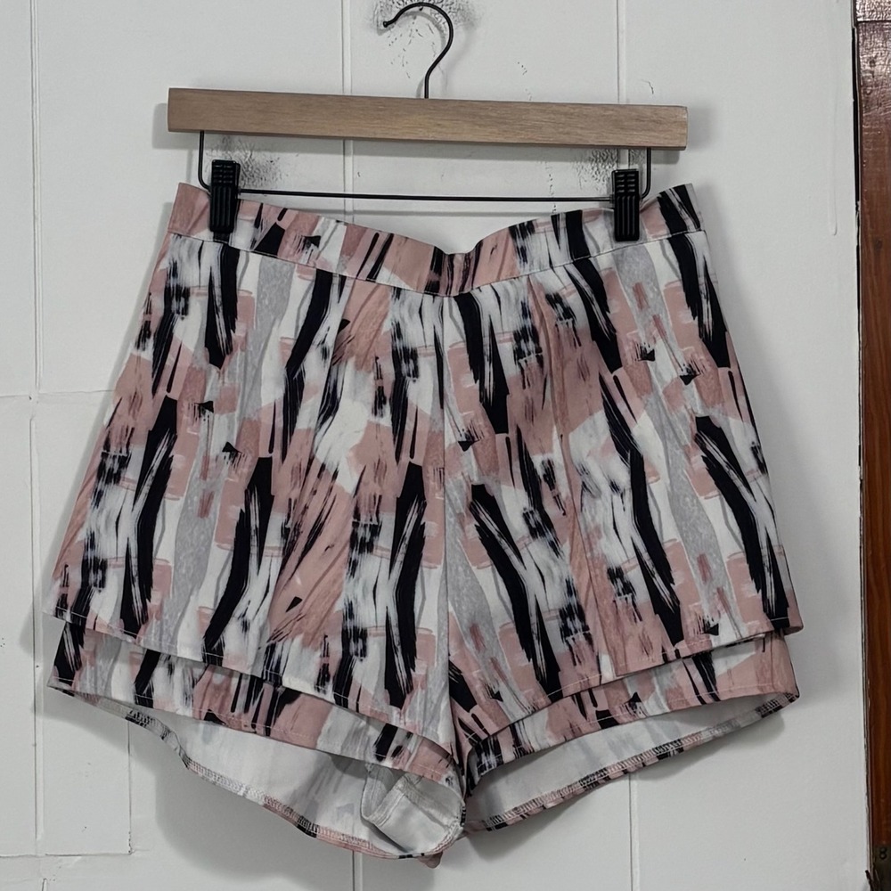 L'Atiste by Amy‎ Pink Black Abstract Brushstroke Layered Shorts Large